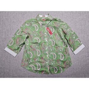 Talbots Shirt Womens 12P Green Paisley Button Up 3/4 Sleeve Wrinkle Resistant